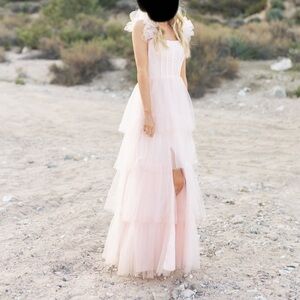 Blush Pink Tulle Ruffle Maxi Dress with Lace-Up Bodice